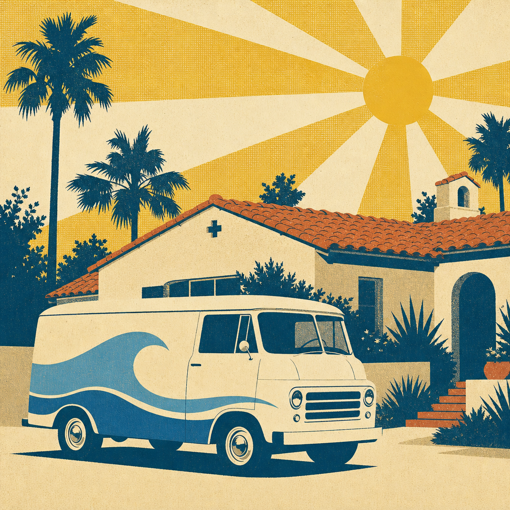 Vintage retro illustration of a Happi Water Co. service van at a Sun Belt suburban home