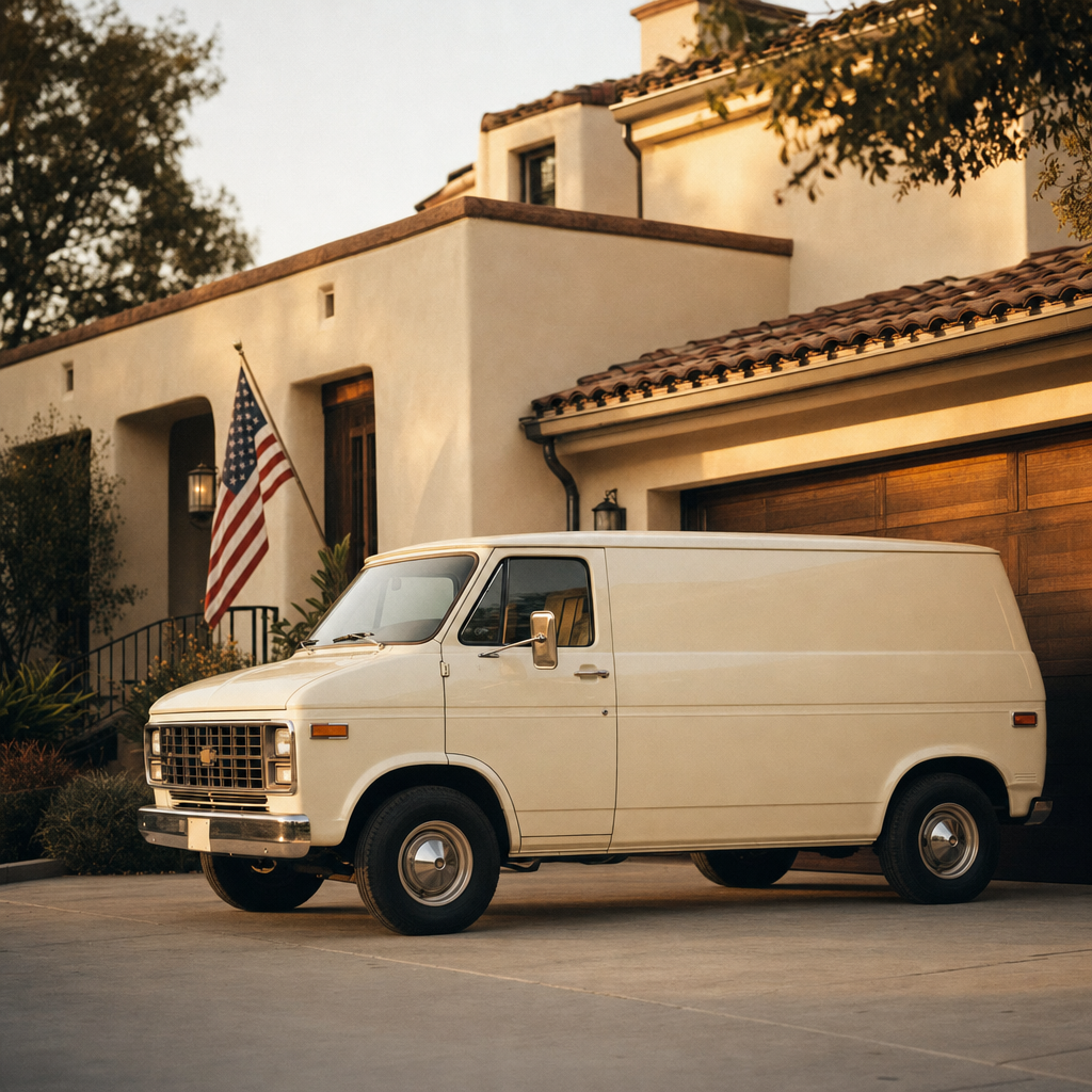 Cream service van parked at a suburban Sun Belt home — Happi Water Co. dealer venture