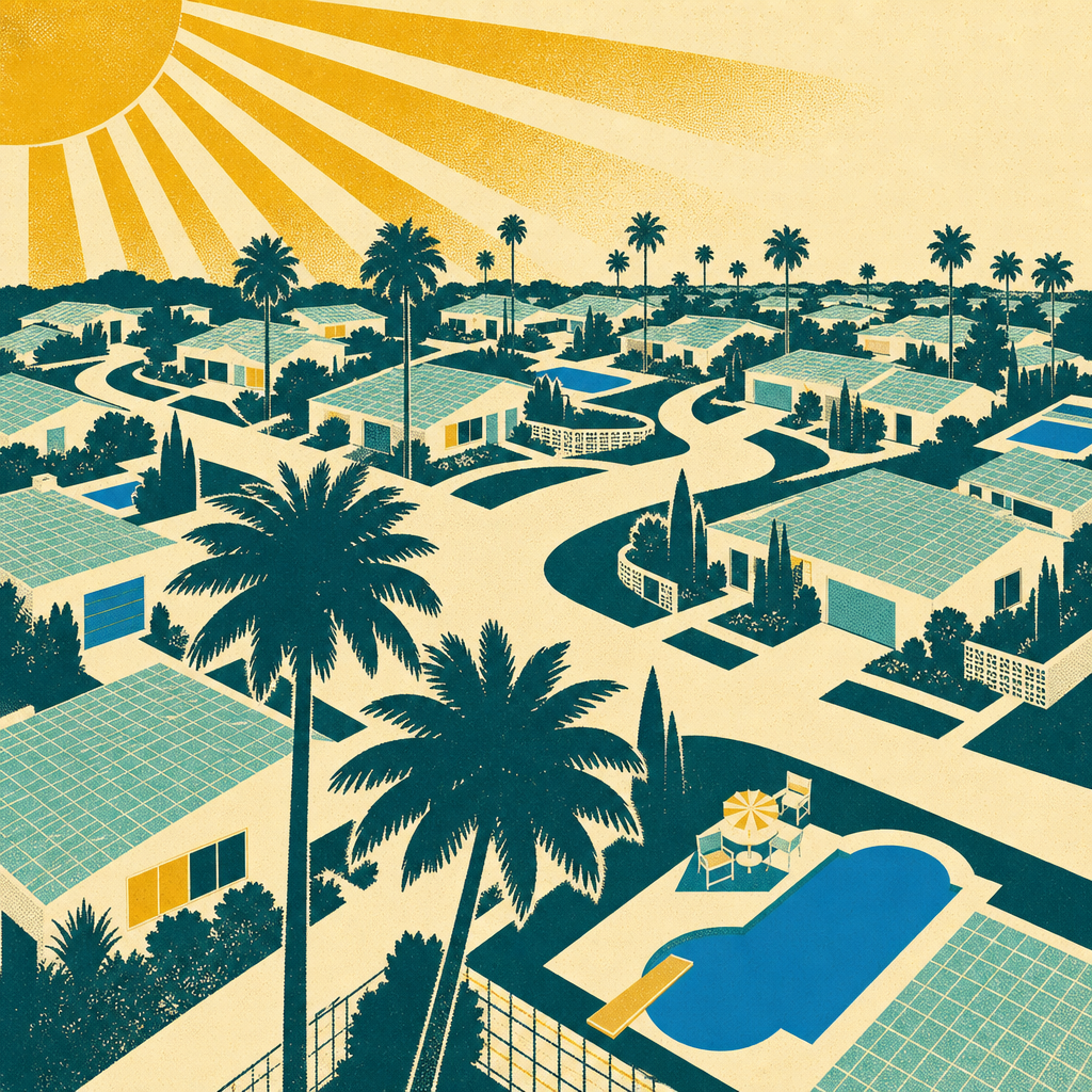 Vintage retro illustration of a Sun Belt suburban neighborhood — the dealer territory WaterTech serves