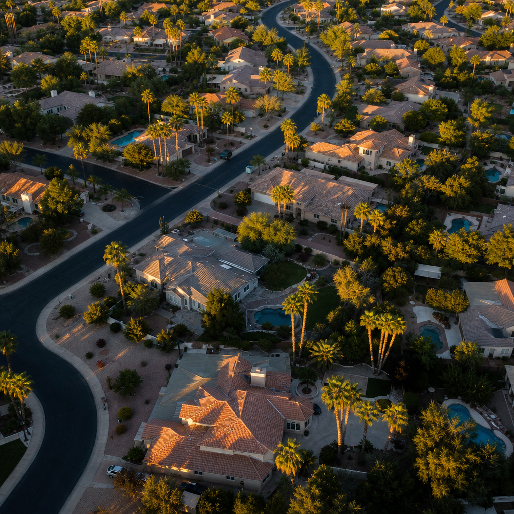Sun Belt suburban neighborhood at golden hour — the dealer territory WaterTech serves